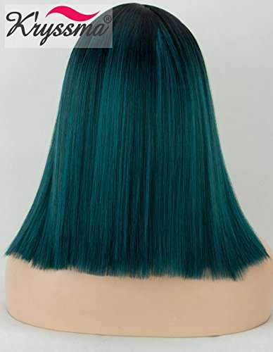 Kryssma Ombre Green Synthetic Wig with Black Roots, Short Bob Wig with Middle Parting Dark Green...