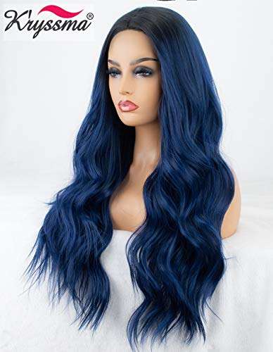 K'ryssma Blue Ombre Lace Front Wig Glueless Long Wavy Dark Blue Synthetic Wig with Dark Roots...