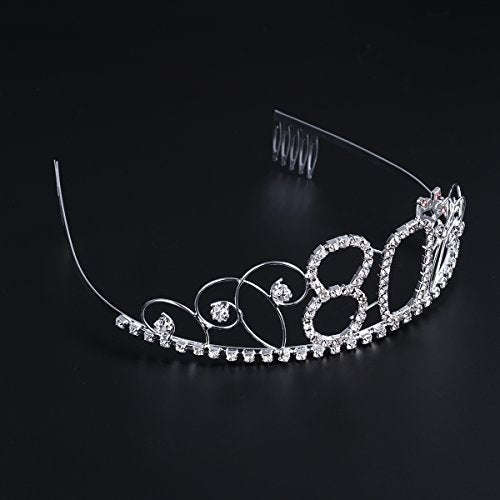 Frcolor 80th Birthday Tiara Crystal Rhinestone Women 80th Birthday Crown with Combs