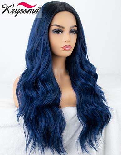 K'ryssma Blue Ombre Lace Front Wig Glueless Long Wavy Dark Blue Synthetic Wig with Dark Roots...