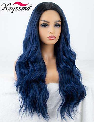 K'ryssma Blue Ombre Lace Front Wig Glueless Long Wavy Dark Blue Synthetic Wig with Dark Roots...