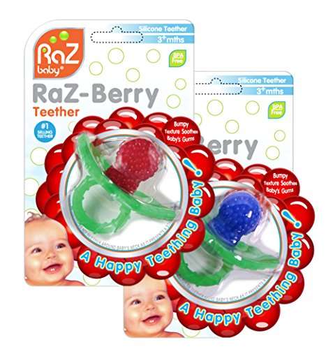 RaZbaby RaZ-Berry Silicone Teether/Double Pack Red & Blue/Multi-texture Design/Hands Free Design