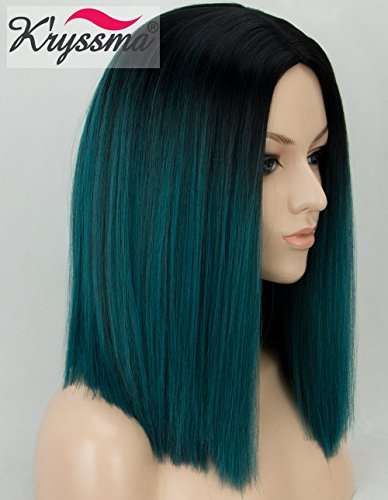Kryssma Ombre Green Synthetic Wig with Black Roots, Short Bob Wig with Middle Parting Dark Green...
