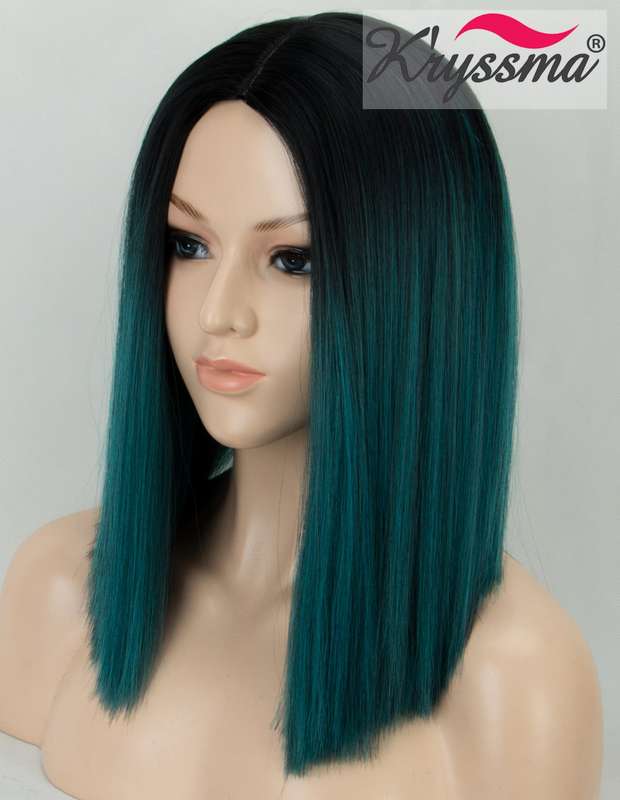 Kryssma Ombre Green Synthetic Wig with Black Roots, Short Bob Wig with Middle Parting Dark Green...