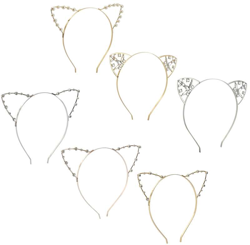 Cat Ears Headband - 6 Pack Rhinestones Pearls Kitty Cosplay Costume Hair Headwear for Theme and...