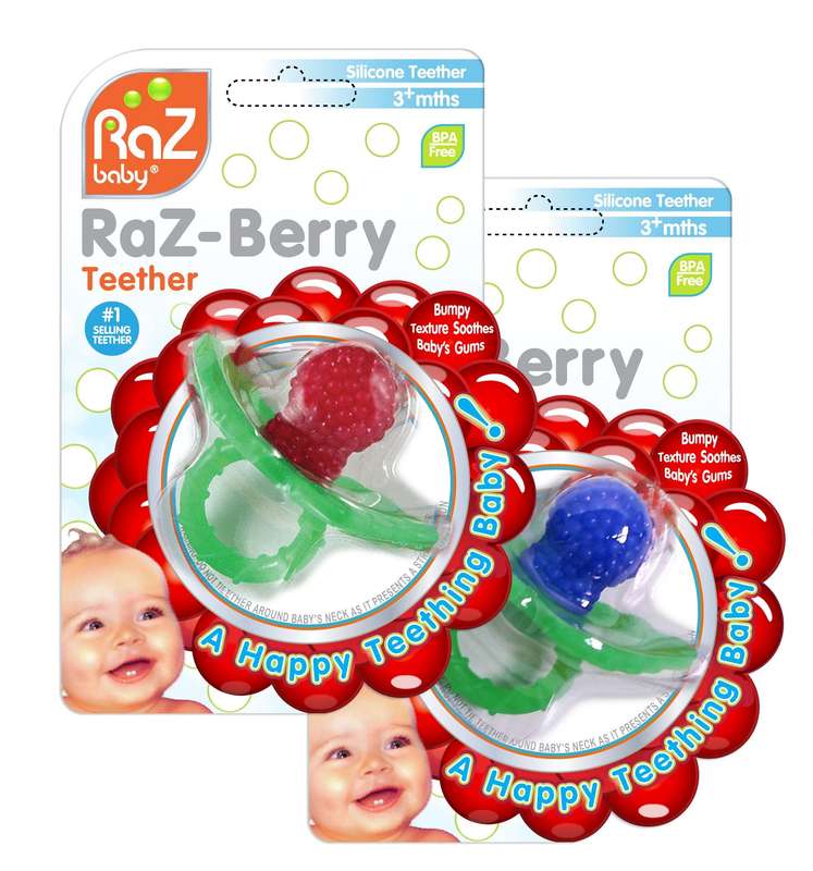 RaZbaby RaZ-Berry Silicone Teether/Double Pack Red & Blue/Multi-texture Design/Hands Free Design