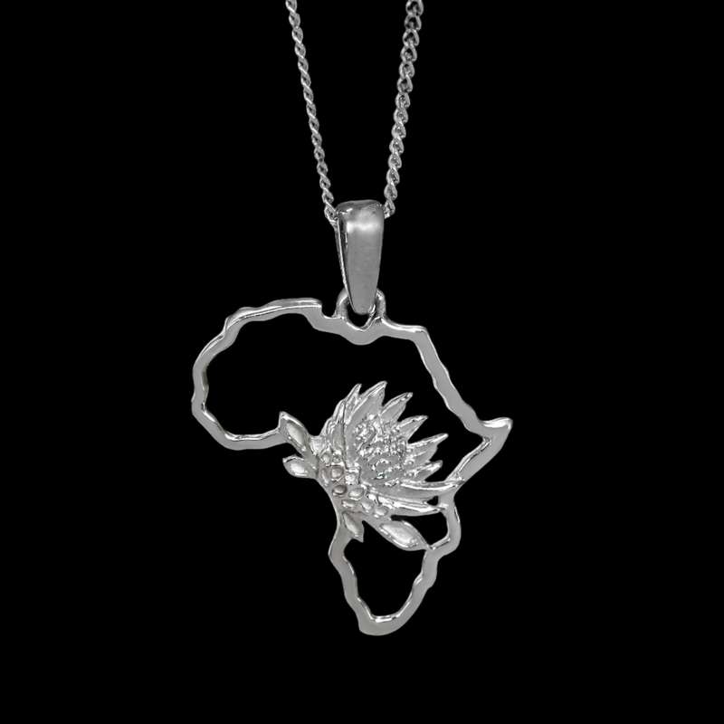Map of Africa Protea Silver Pendant & Chain 45cm