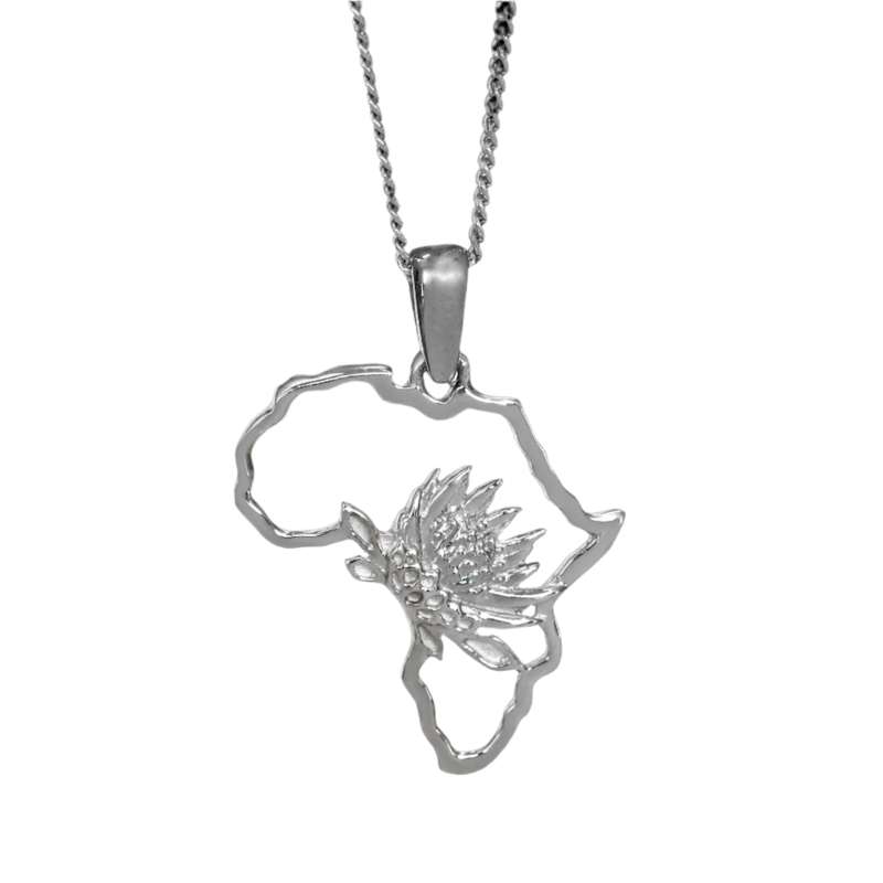 Map of Africa Protea Silver Pendant & Chain 45cm