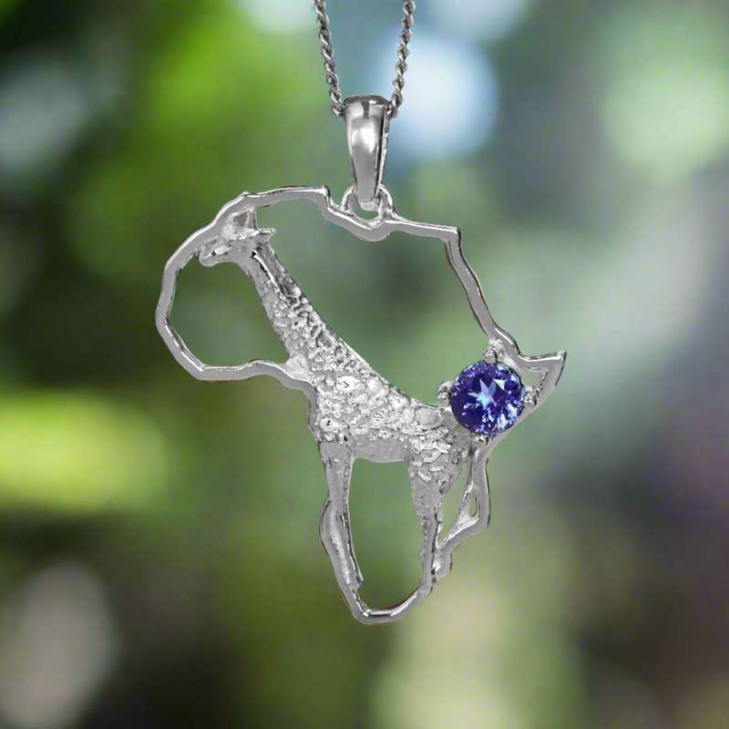 Africa Map Giraffe White Gold Pendant Set with Tanzanite & Chain 45cm
