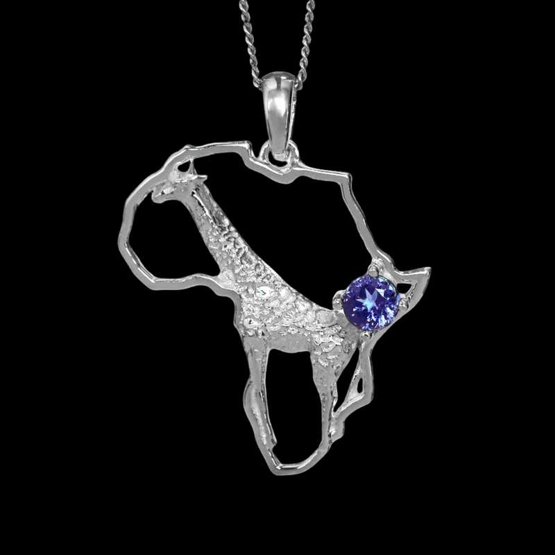 Africa Map Giraffe Silver Pendant Set with Tanzanite & Chain 45cm