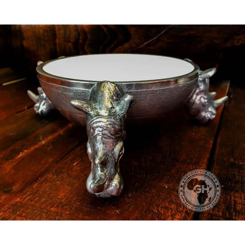 3 Rhino Round Snack Bowl WHITE - Lamu Aluminium Baked Enamel Tableware