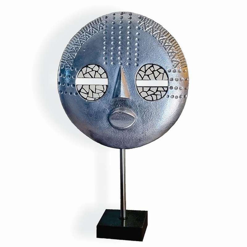 Baluba Mask On Marble Stand  Medium Size - Aluminium
