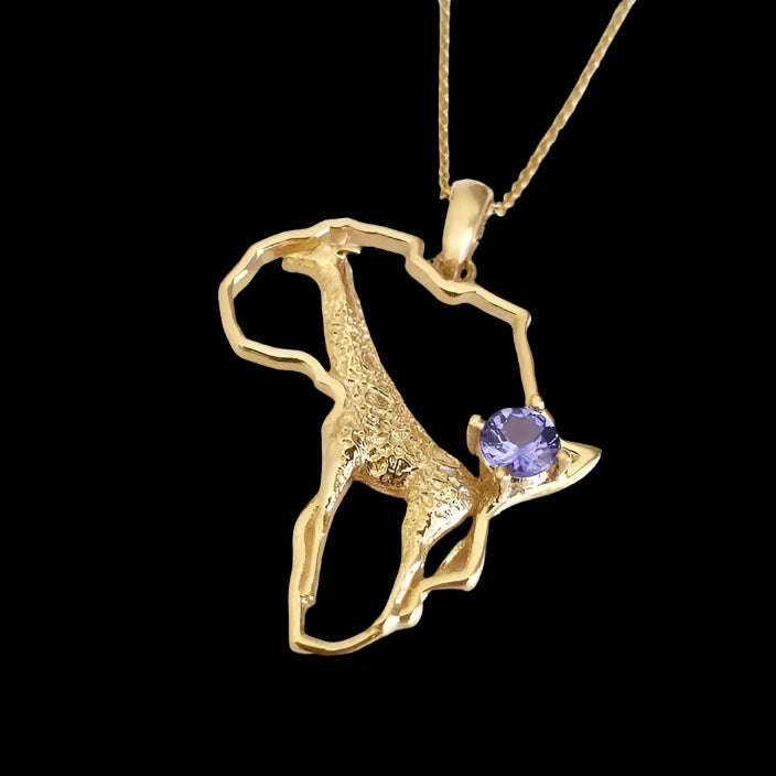 Africa Map Giraffe Yellow Gold Pendant Set with Tanzanite & Chain 45cm