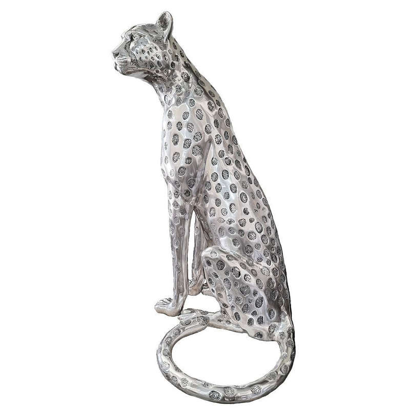 Cheetah Sitting Life Size - Full Silver Sculpture