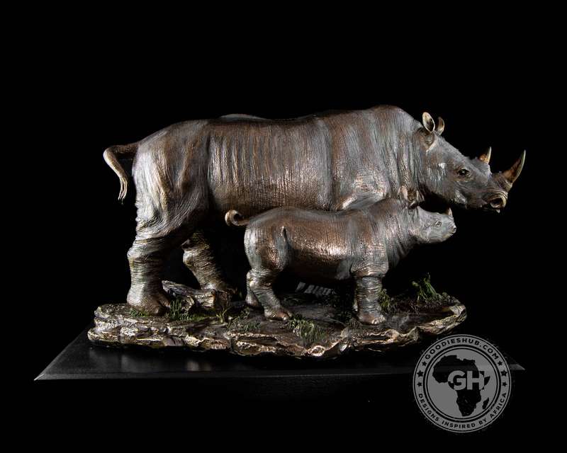 Rhino and Baby Bronzed Sculpture on Base - Faru