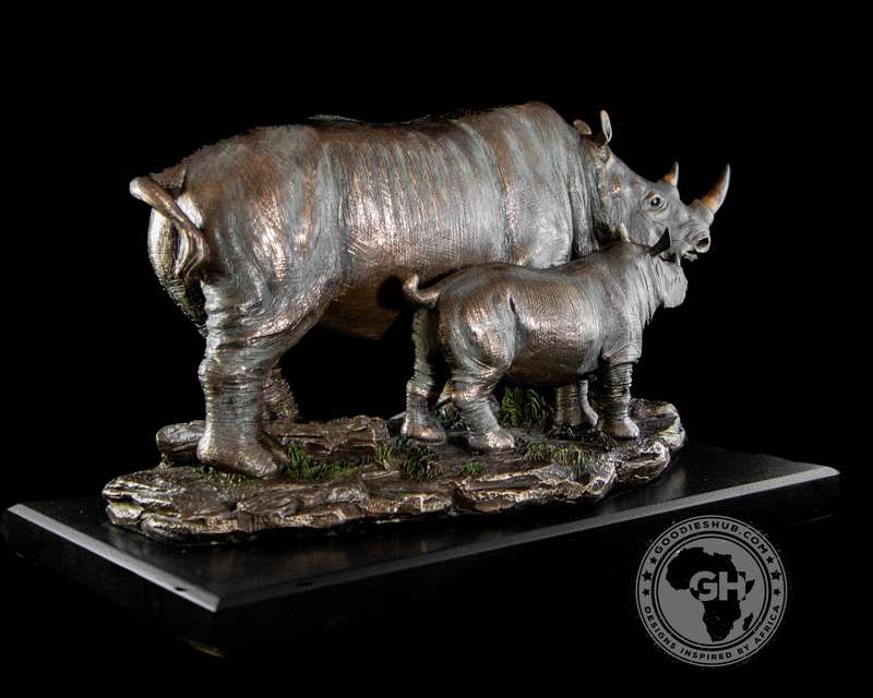 Rhino and Baby Bronzed Sculpture on Base - Faru