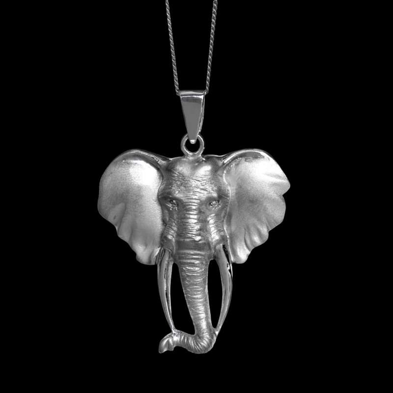 Pendant Silver Large - Africa Elephant Head with Diamond Eyes & 45cm Chain