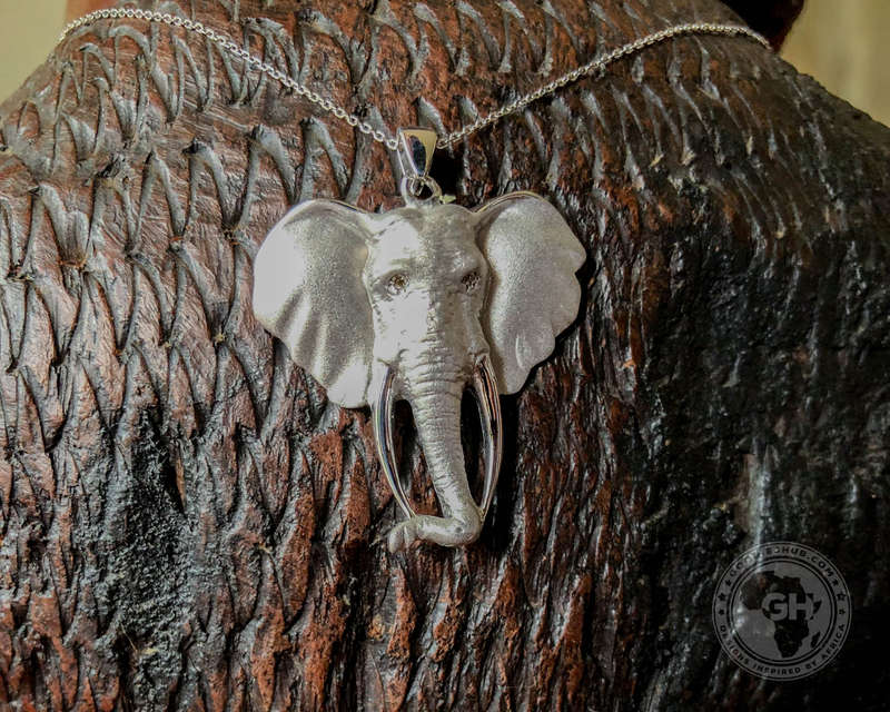 Pendant Silver Large - Africa Elephant Head with Diamond Eyes & 45cm Chain