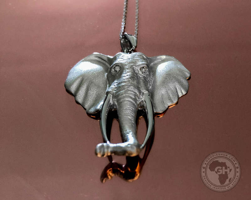 Pendant Silver Large - Africa Elephant Head with Diamond Eyes & 45cm Chain