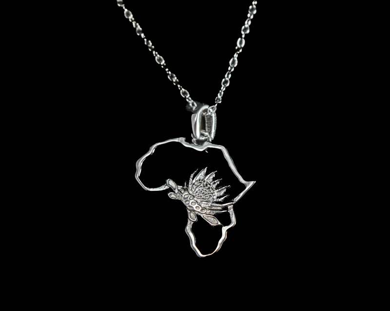 Map of Africa Protea Silver Pendant & Chain 45cm