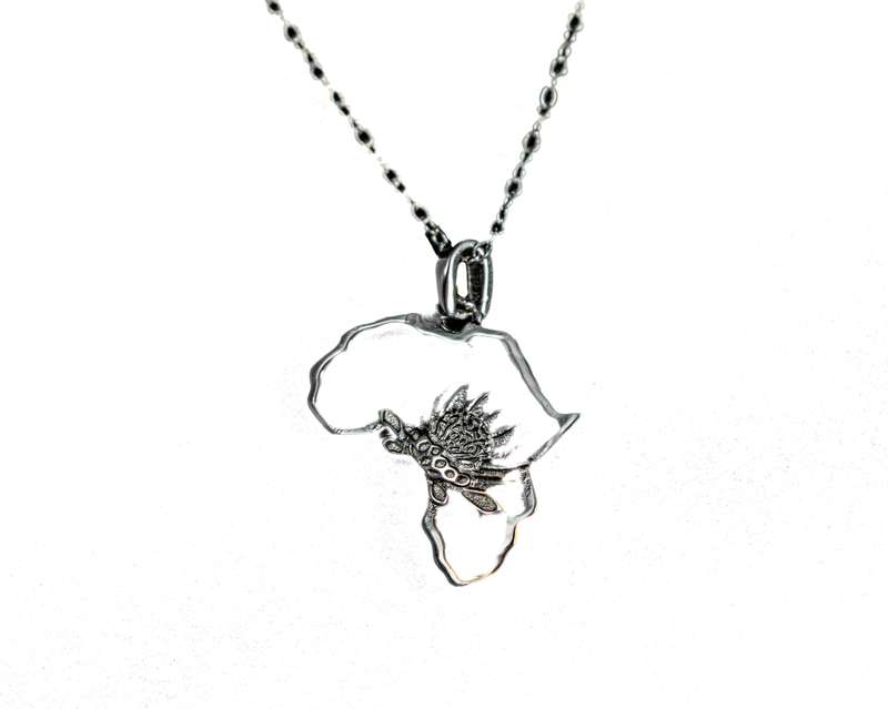 Map of Africa Protea Silver Pendant & Chain 45cm