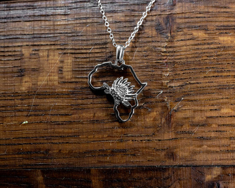 Map of Africa Protea Silver Pendant & Chain 45cm