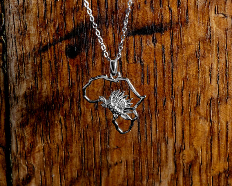 Map of Africa Protea Silver Pendant & Chain 45cm