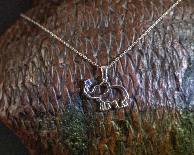 Africa Elephant Silver Pendant and Tanzanite on Trunk Set with Tanzanite & Chain 45cm