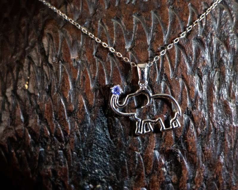 Africa Elephant Silver Pendant and Tanzanite on Trunk Set with Tanzanite & Chain 45cm