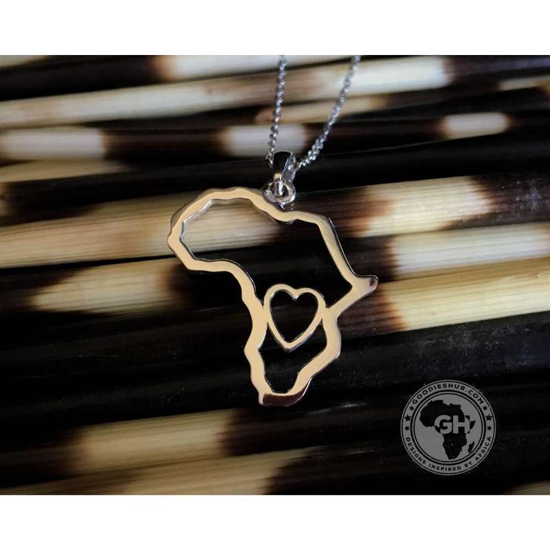 Africa Map Outline with Heart Detail Pendant Silver & Chain 45cm