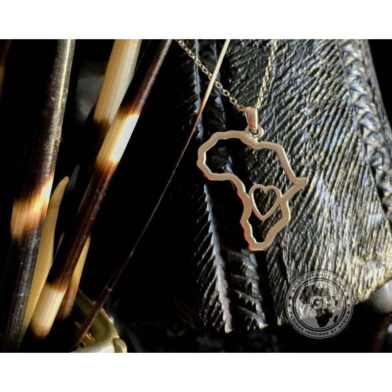 Africa Map Outline with Heart Detail Pendant Silver & Chain 45cm