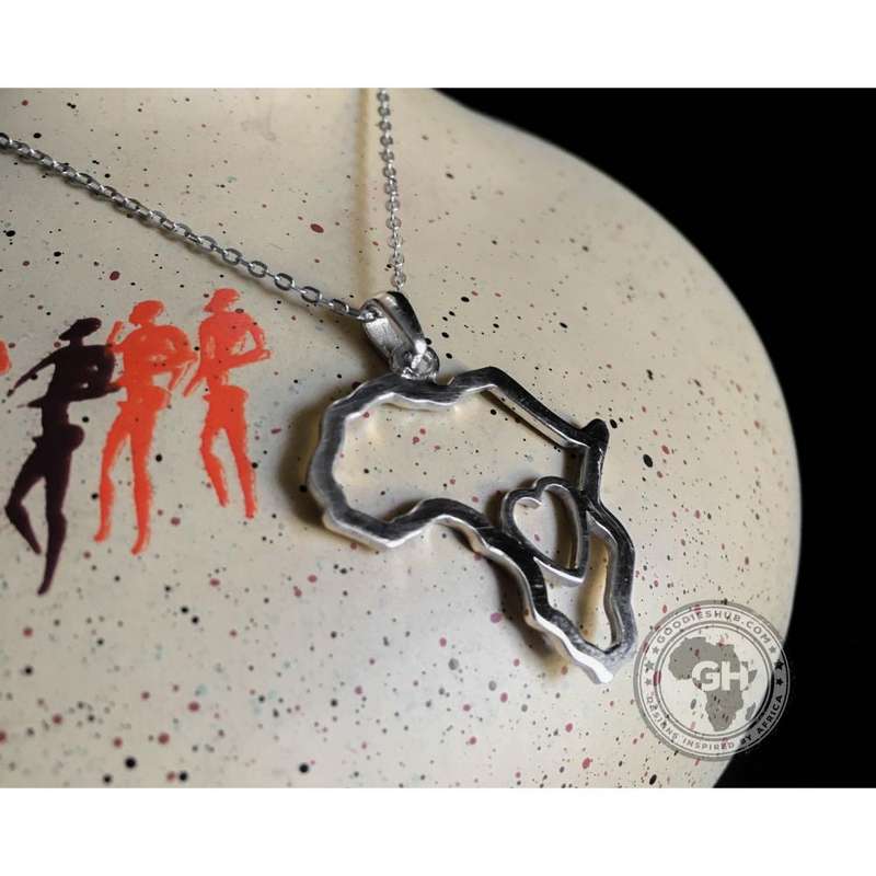Africa Map Outline with Heart Detail Pendant Silver & Chain 45cm