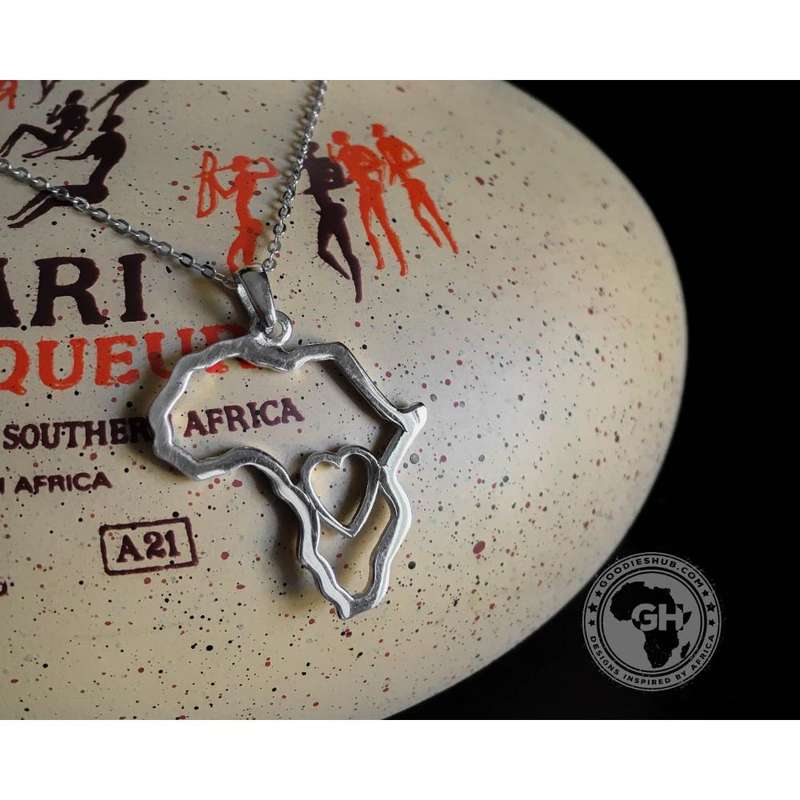Africa Map Outline with Heart Detail Pendant Silver & Chain 45cm