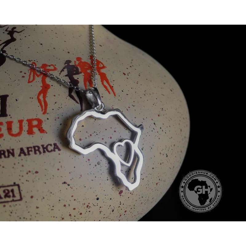 Africa Map Outline with Heart Detail Pendant Silver & Chain 45cm