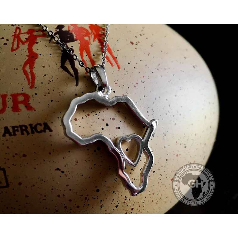 Africa Map Outline with Heart Detail Pendant Silver & Chain 45cm