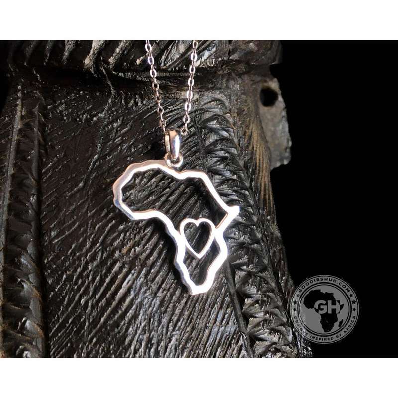 Africa Map Outline with Heart Detail Pendant Silver & Chain 45cm