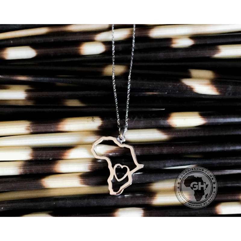 Africa Map Outline with Heart Detail Pendant Silver & Chain 45cm