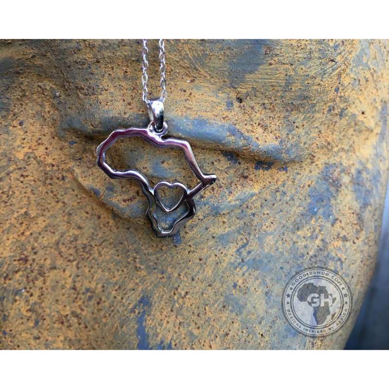 Africa Map Outline with Heart Detail Pendant Silver & Chain 45cm