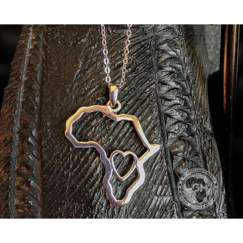 Africa Map Outline with Heart Detail Pendant Silver & Chain 45cm