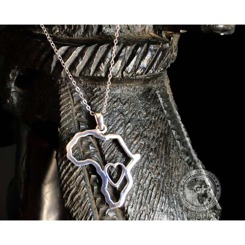 Africa Map Outline with Heart Detail Pendant Silver & Chain 45cm