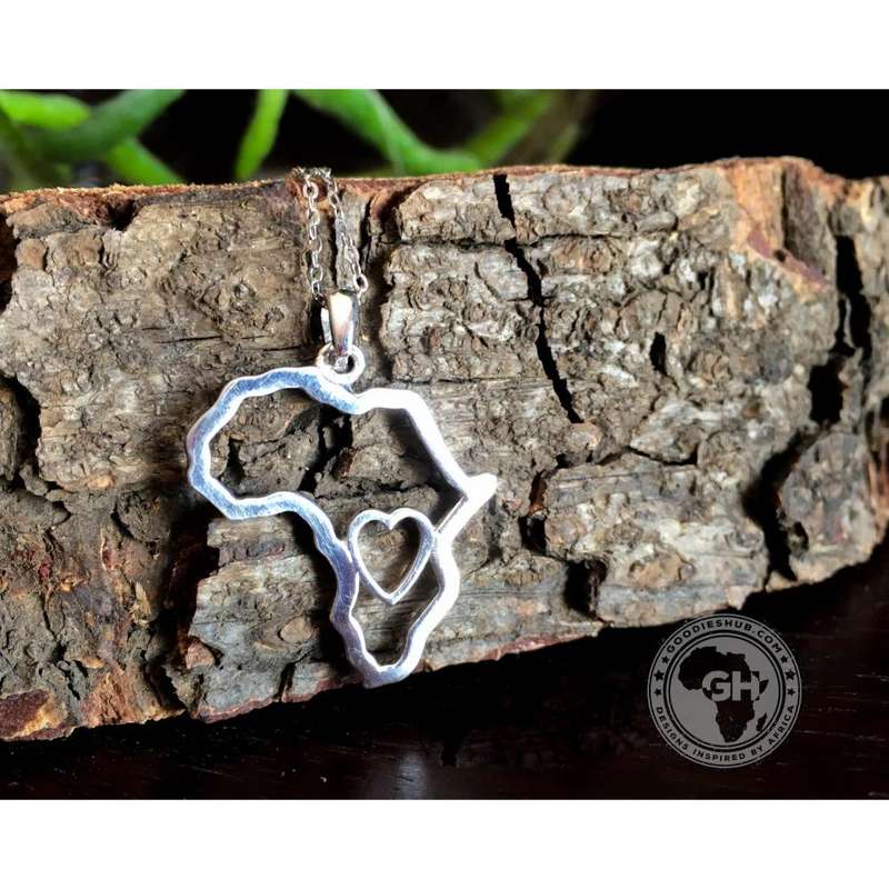 Africa Map Outline with Heart Detail Pendant Silver & Chain 45cm