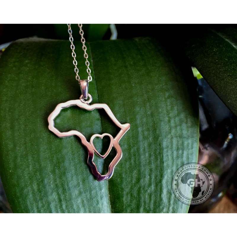 Africa Map Outline with Heart Detail Pendant Silver & Chain 45cm