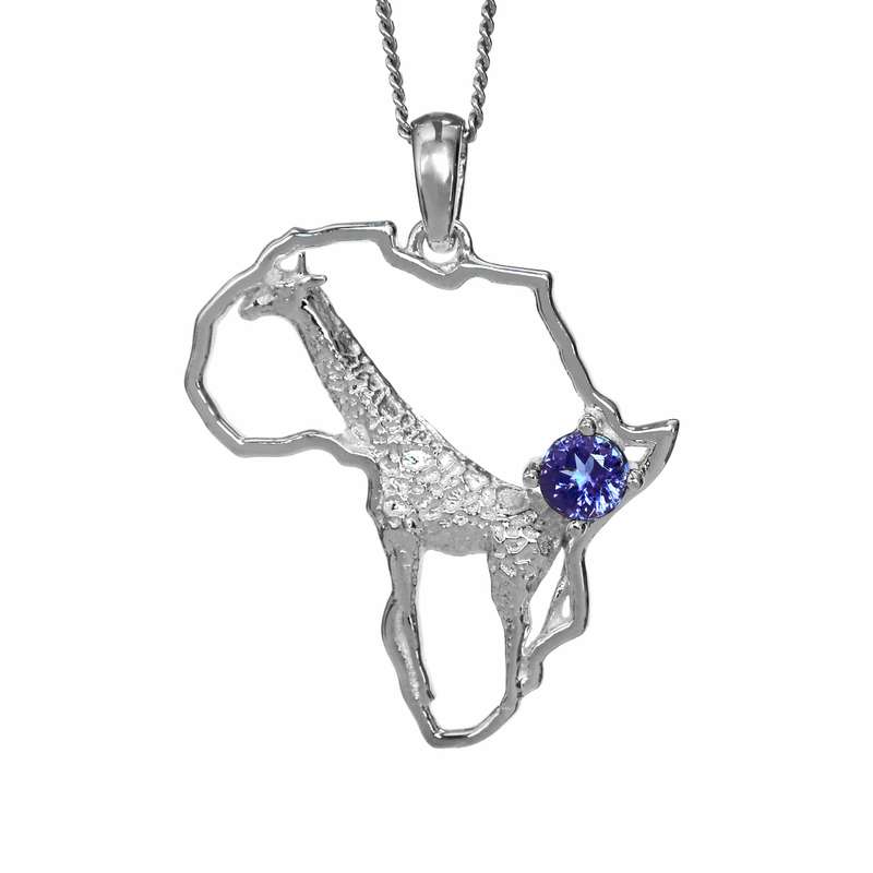 Africa Map Giraffe Silver Pendant Set with Tanzanite & Chain 45cm
