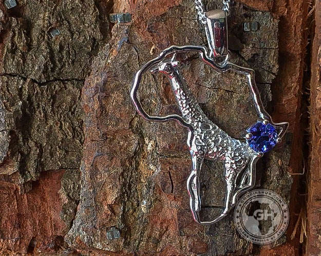 Africa Map Giraffe Silver Pendant Set with Tanzanite & Chain 45cm