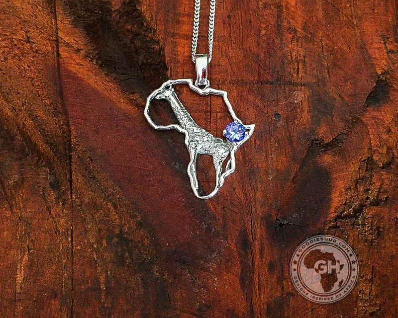 Africa Map Giraffe Silver Pendant Set with Tanzanite & Chain 45cm