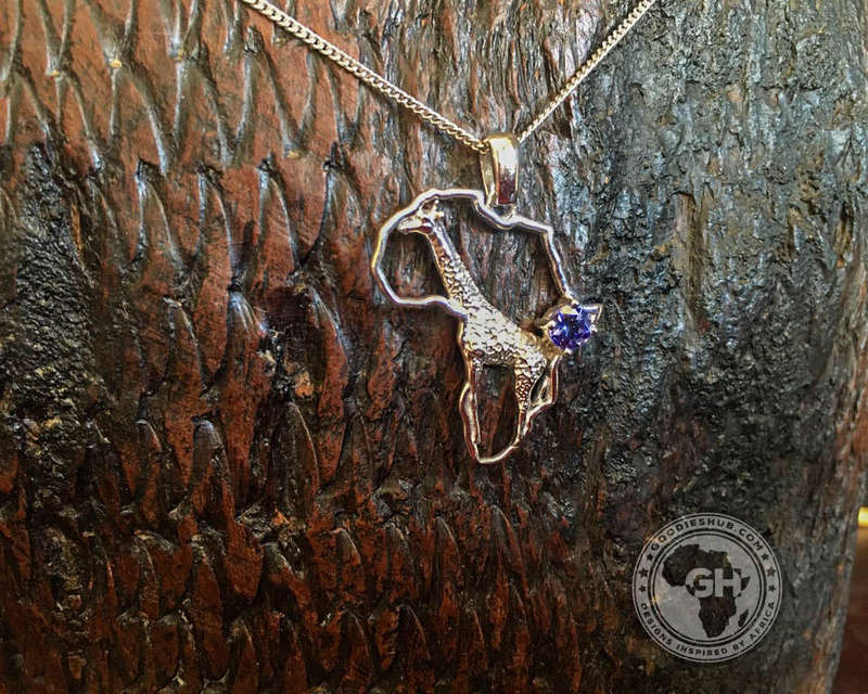 Africa Map Giraffe Silver Pendant Set with Tanzanite & Chain 45cm