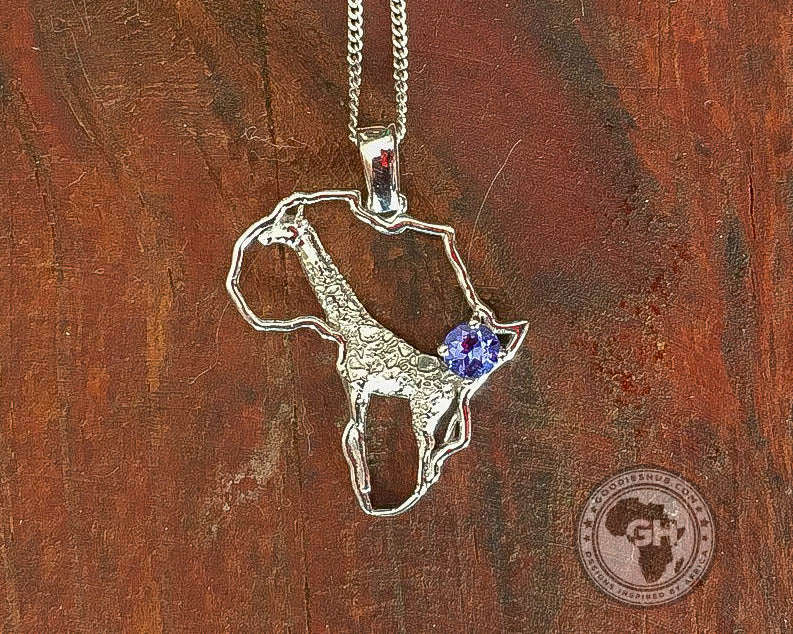 Africa Map Giraffe Silver Pendant Set with Tanzanite & Chain 45cm