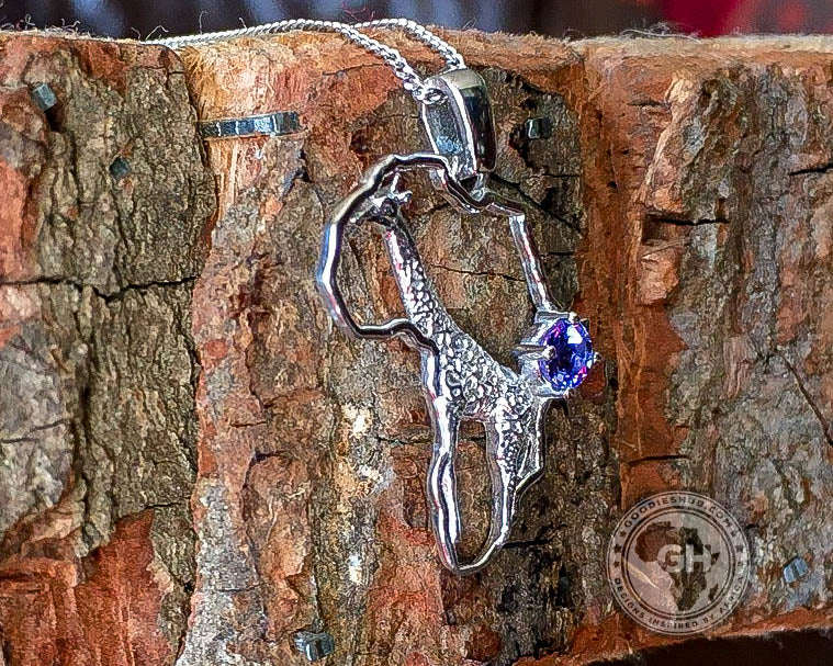 Africa Map Giraffe Silver Pendant Set with Tanzanite & Chain 45cm
