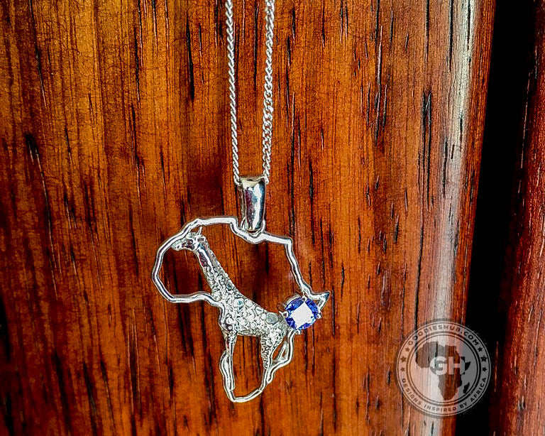 Africa Map Giraffe Silver Pendant Set with Tanzanite & Chain 45cm