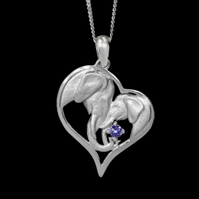 Heart Silver Elephant Pendant Set with Tanzanite & Chain 45cm